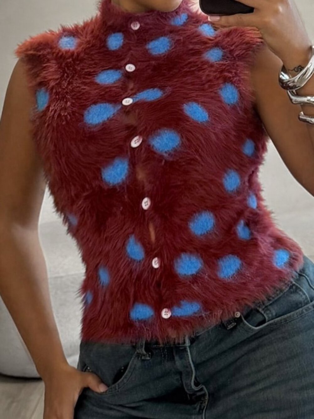 Brown Casual Women's Polka Dot Fuzzy Sleeveless High Neck Crop Vest